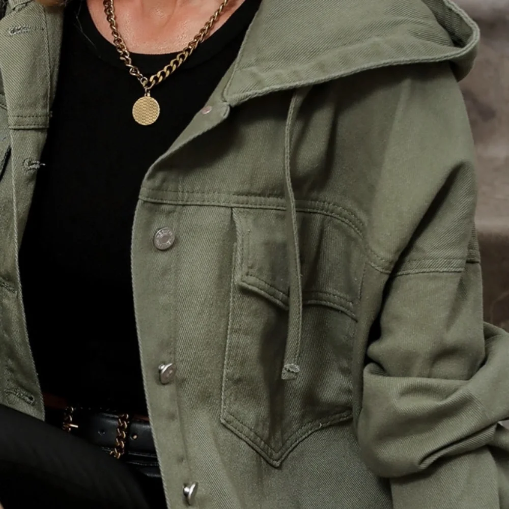 Boxy, Oversized Hooded Army Green Jean Jacket Fap Pockets Long Sleeve - Picture 7 of 8